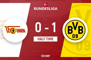 Hiệp 1 - Dortmund tạm dẫn Union Berlin 1-0, Adeyemi ghi bàn bằng đường cắt đẹp mắt vào trong