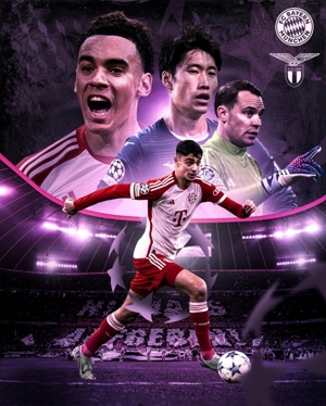 Poster của Bayern Munich xem trước trận lượt về vòng 1/8 Champions League, có sự góp mặt của Musiala và Kamada Daichi