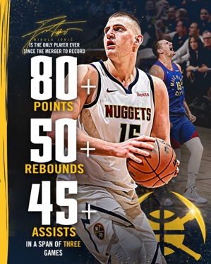 Dữ liệu chính thức: Jokic ghi ít nhất 80 điểm, 50 rebound và 45 kiến ​​​​tạo trong 3 trận vừa qua, là người đầu tiên kể từ khi sáp nhập giải đấu