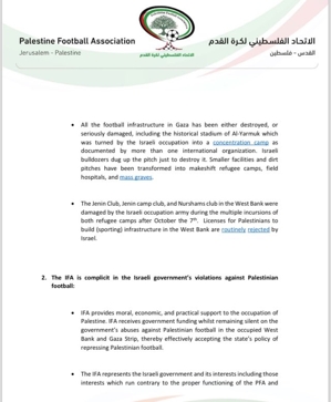 LĐBĐ Palestine kháng cáo FIFA: Israel vi phạm nghiêm trọng luật pháp quốc tế, hãy áp đặt trừng phạt Israel ngay lập tức